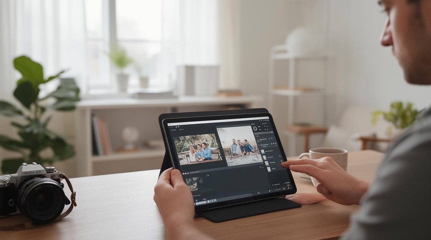 A photographer comparing two editing screens on a tablet