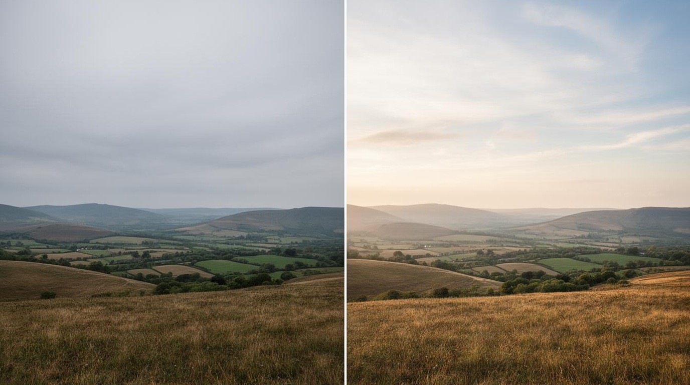 A landscape photo with a dark sky beside a brighter edited version
