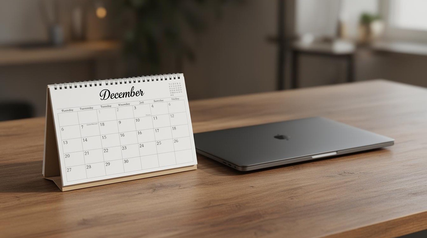 A calendar page showing the last week of December beside a laptop